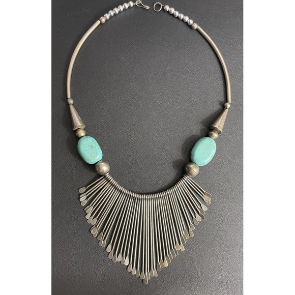 Vintage Faux Turquoise Silver Tone Fringe Statement Necklace 21.5" Boho Beaded - Picture 1 of 9